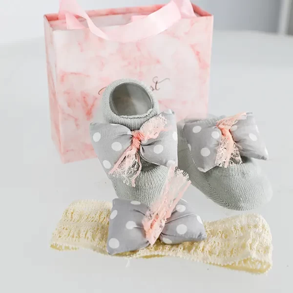 Set për Bebe, Çorape dhe Shirit Koke, Grey&Pink